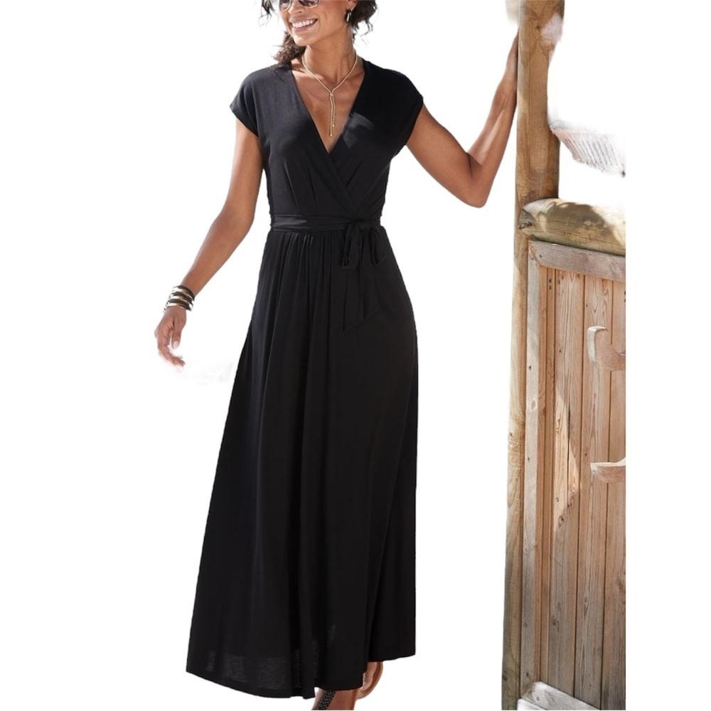 ModCloth Black True Wrap Dress Tie Waist Maxi Size M